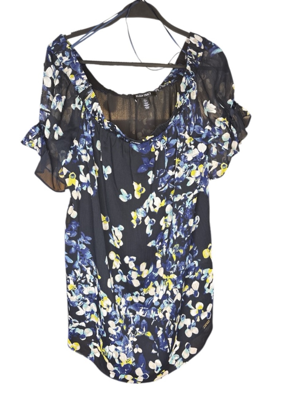 Ellen Tracy Navy Floral Scoop Neck Blouse with Ruffle Sleeves